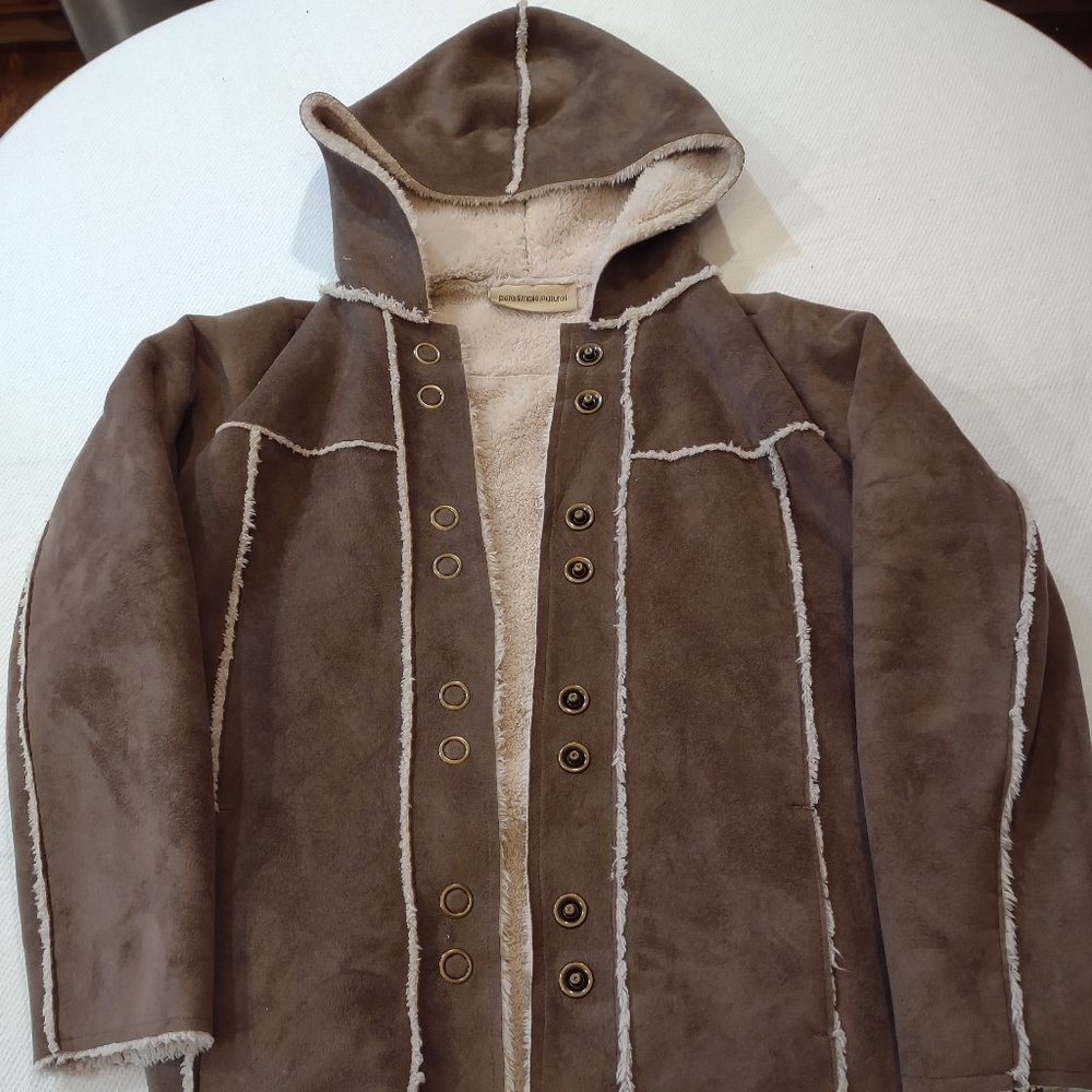 PURE SIMPLE NATURAL BROWN & TAN FAUX SUEDE FAUX SHERPA LINEDHOODED COAT SNAPS M